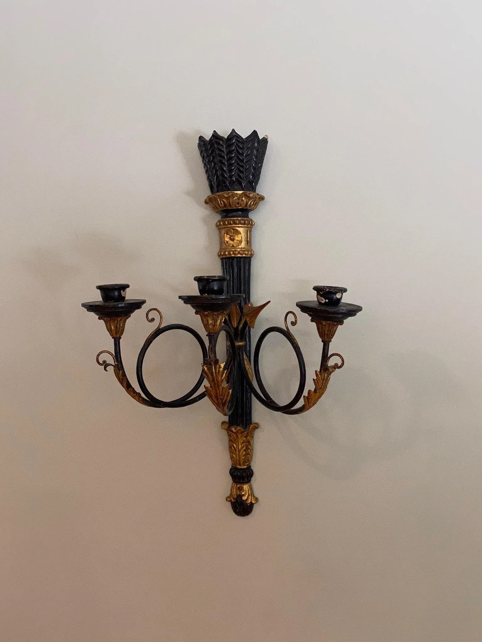 Vintage Gilt and Black 3 Taper Wall Sconce - 10