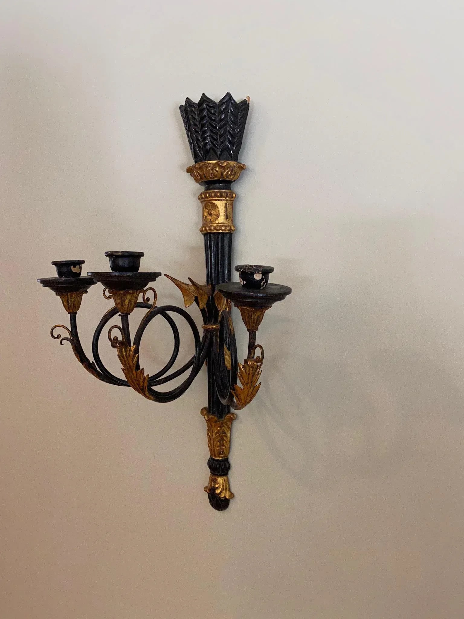 Vintage Gilt and Black 3 Taper Wall Sconce - 2