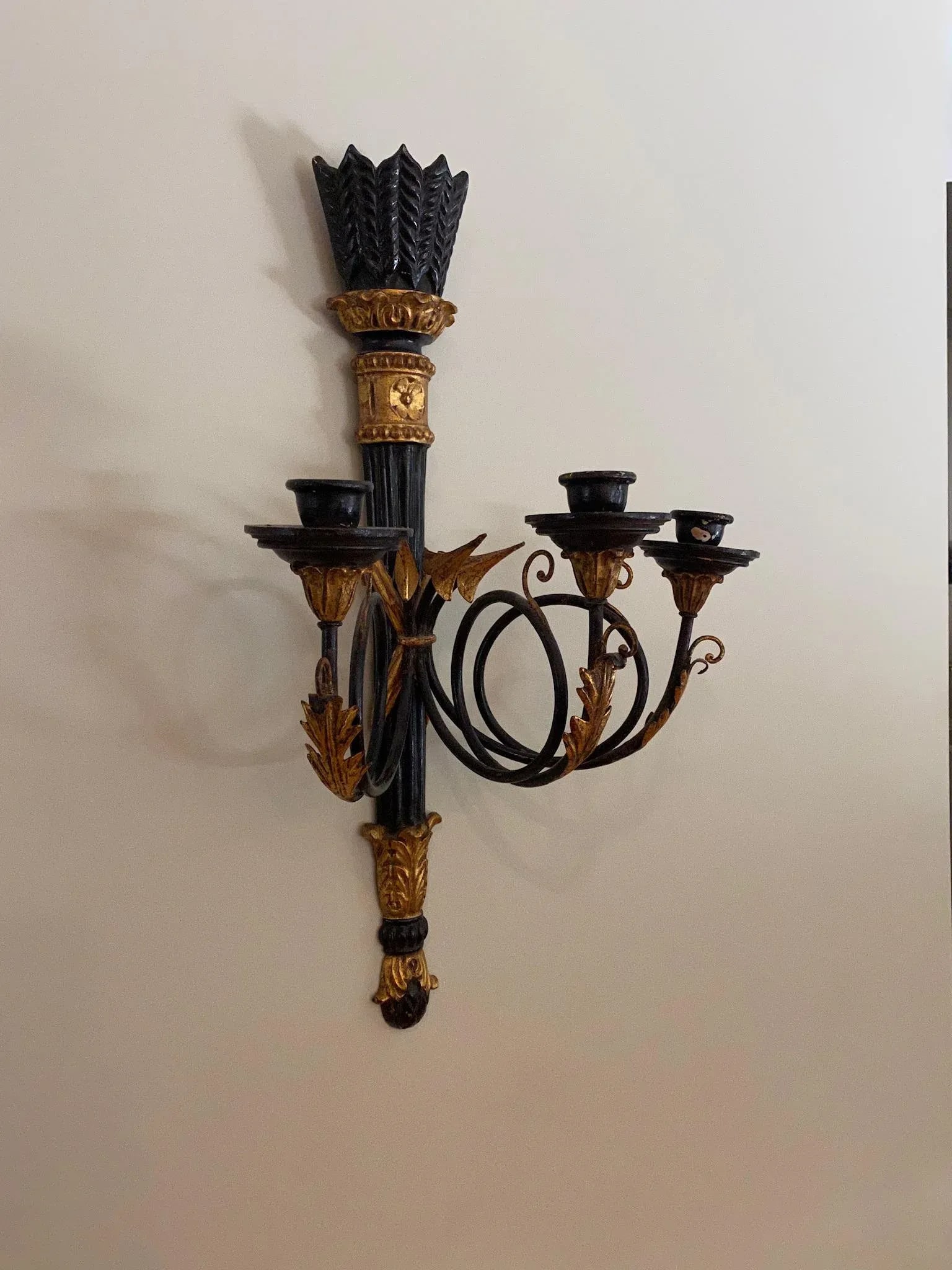 Vintage Gilt and Black 3 Taper Wall Sconce - 3