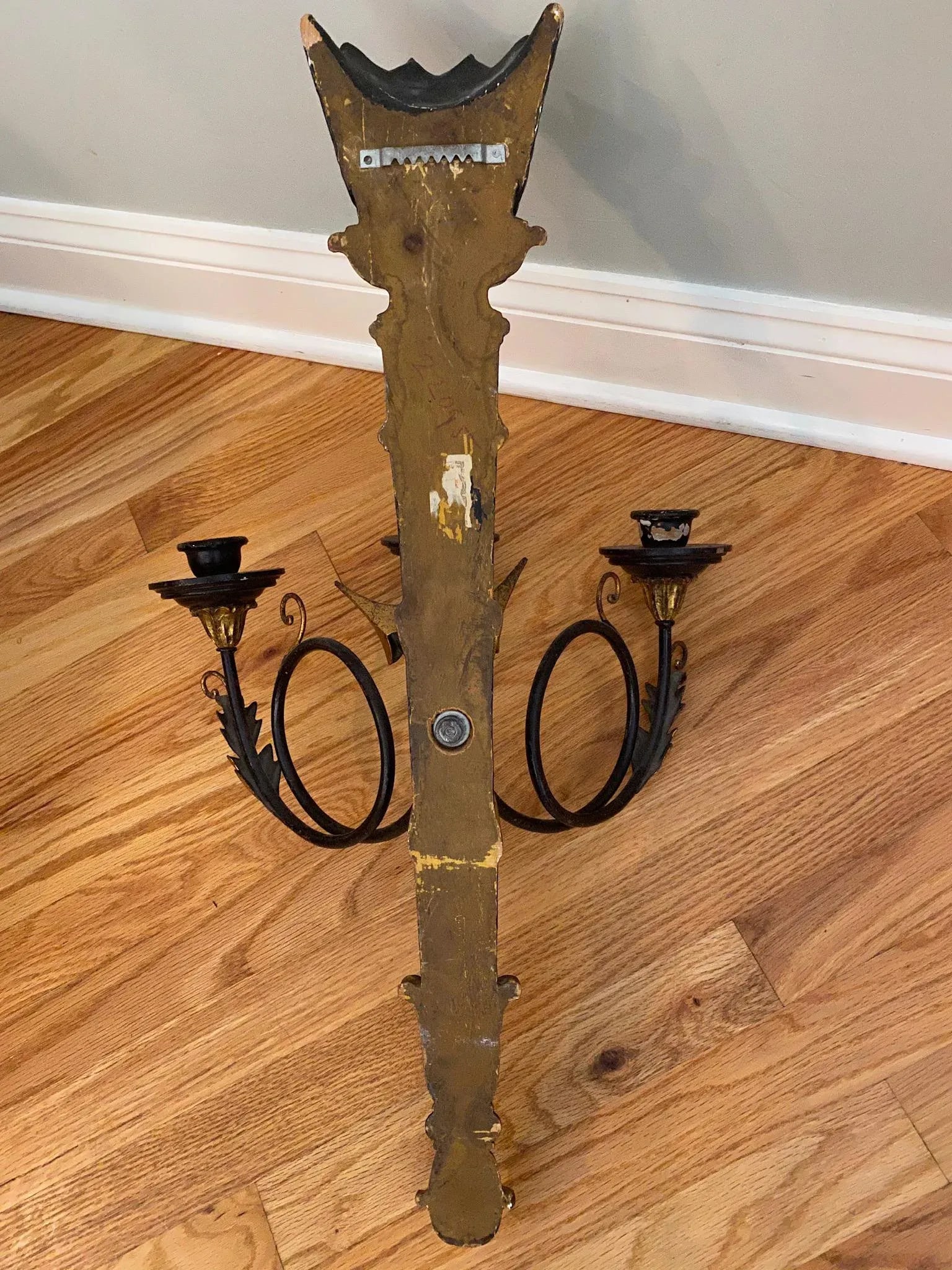 Vintage Gilt and Black 3 Taper Wall Sconce - 4