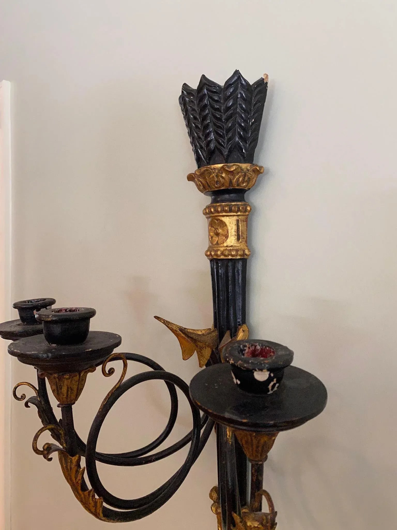 Vintage Gilt and Black 3 Taper Wall Sconce - 5