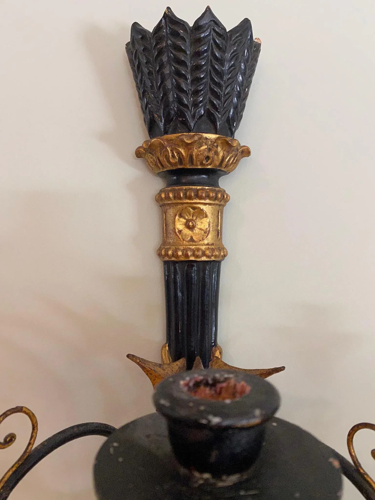 Vintage Gilt and Black 3 Taper Wall Sconce - 7