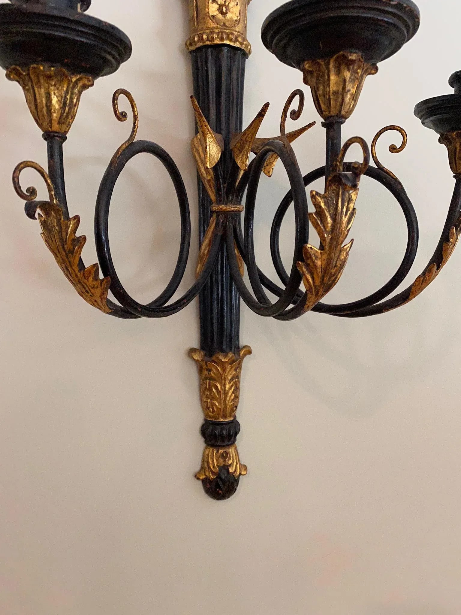 Vintage Gilt and Black 3 Taper Wall Sconce - 8