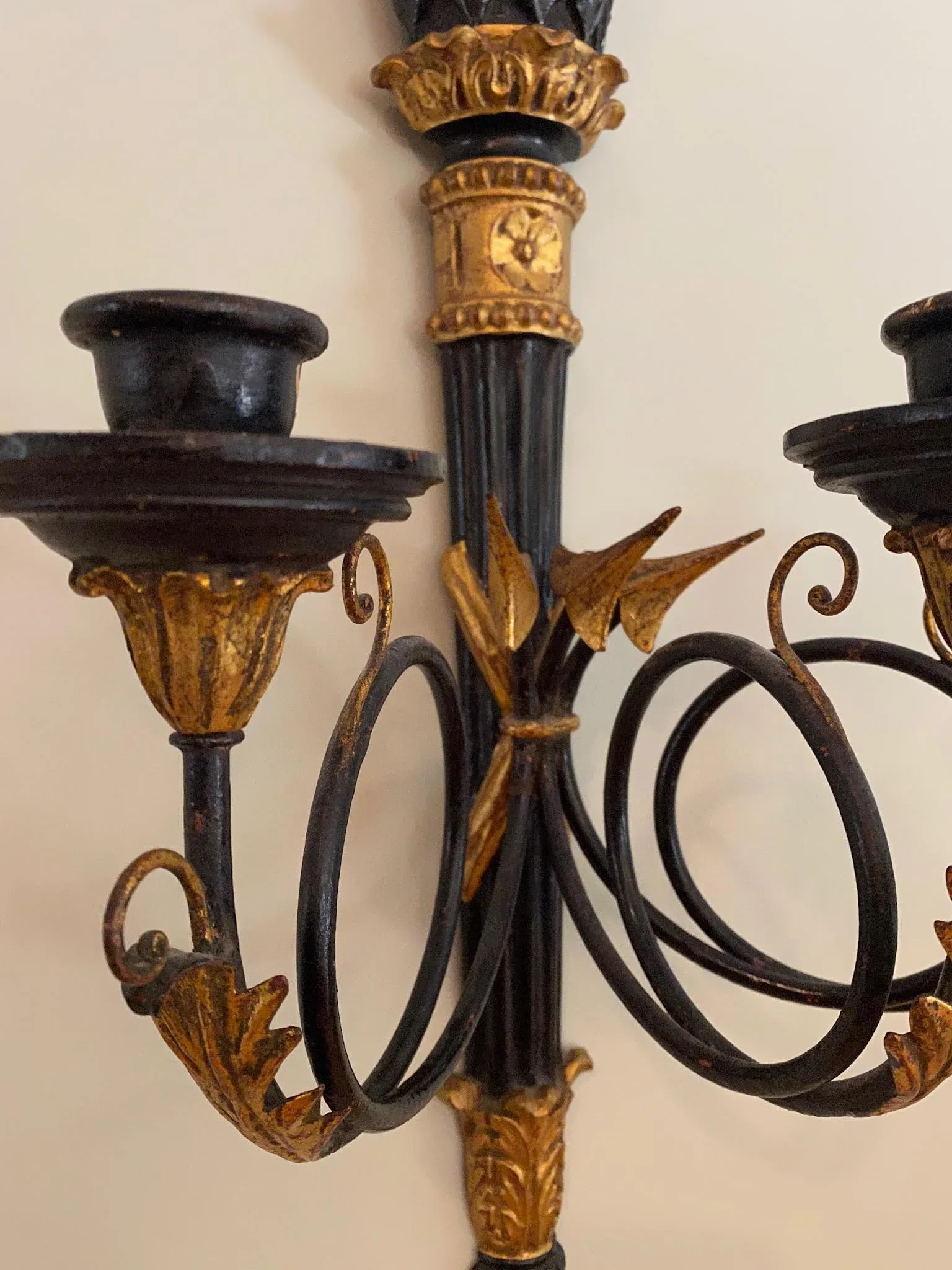 Vintage Gilt and Black 3 Taper Wall Sconce - 9