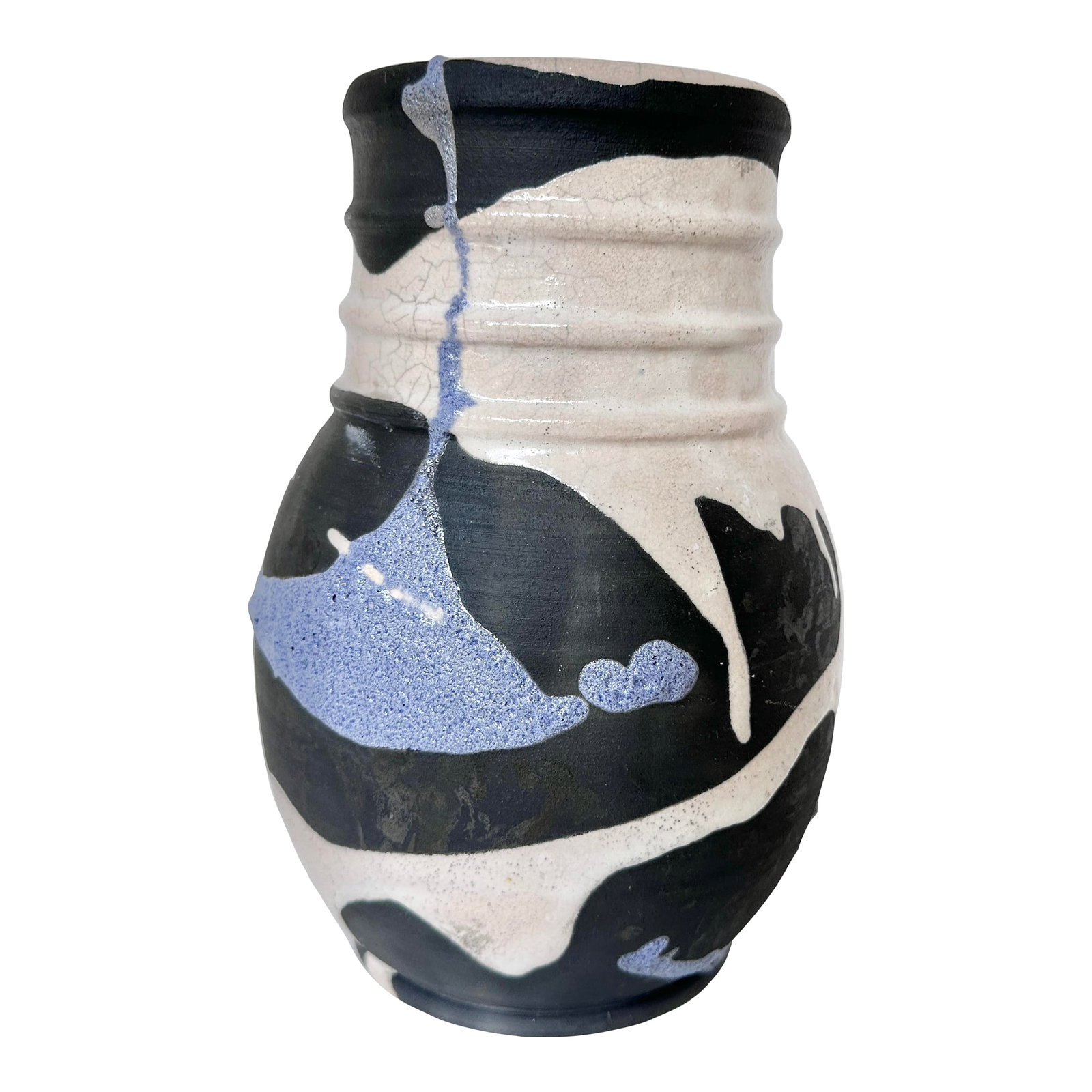 Midnight Tide Large Ceramic Vase - Abstract Pottery: This striking handmade pottery vase features a dynamic interplay of black and white glazes with a distinctive blue accent. The elegant ribbed neck transitions to a curved body adorned with bold