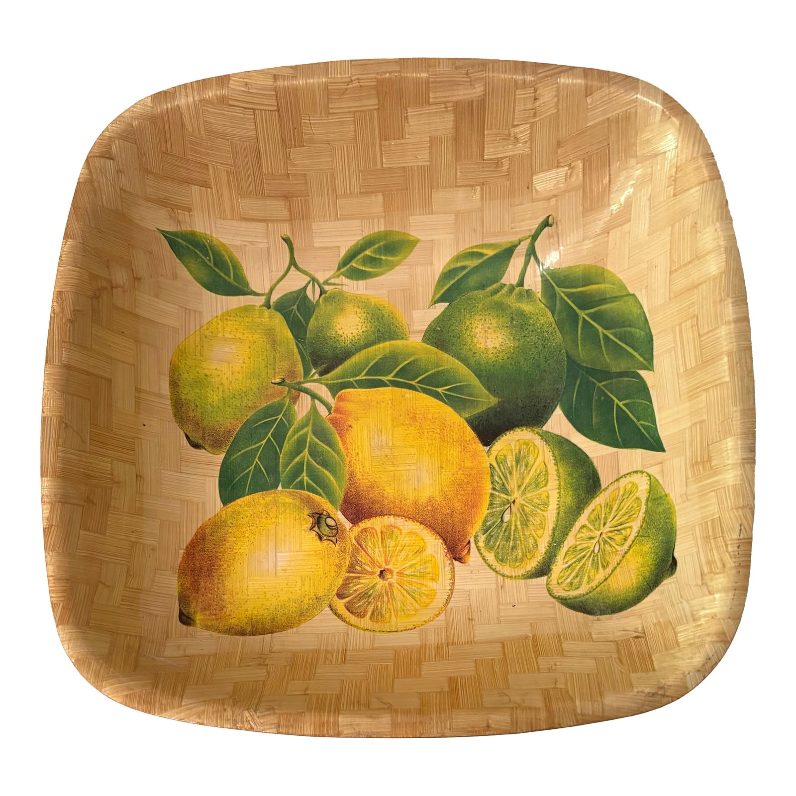 Vintage Citrus Chic Lemon and Lime Woven Bamboo Bowl: The artwork is so detailed that you can almost taste the juice from the lemon and lime slices on this vintage woven bamboo square bowl. Use it to hold fruit, or salad, or just enjoy the bright citrus