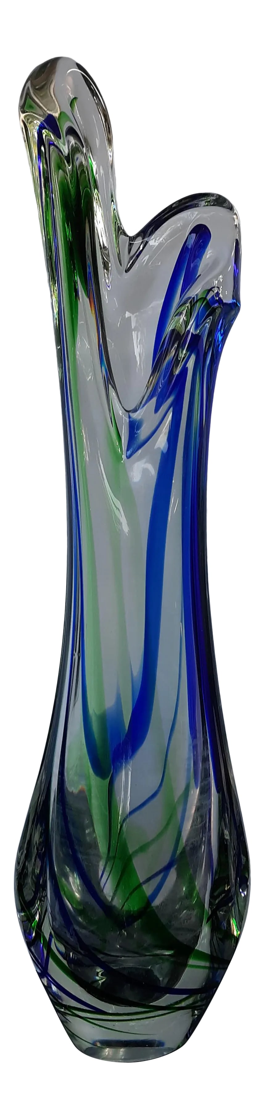 Vintage Max Verboeket Maastricht Art Glass Vase: Very large hand blown glass free form vase with green and blue stripes by Max Verboeket. Signed on the bottom. Statement piece. Condition: Alterations: Original Condition Unaltered Imperfections: Some