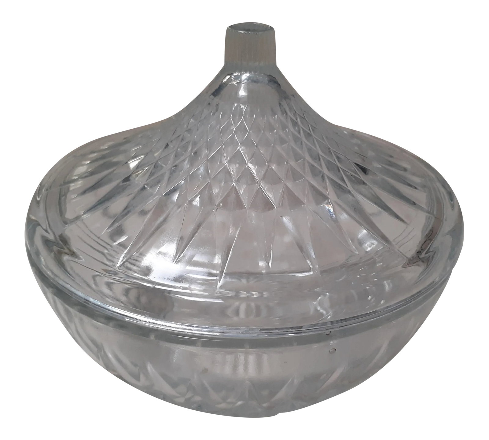 Vintage Crystal Candy Dish Indonesia: Vintage crystal candy dish in great condition! Bowl is marked INDONESIA. Approximate measurements are- width: 5 in. height: 4 in. depth: 2.5 in. Condition: Alterations: Original Condition Unaltered
