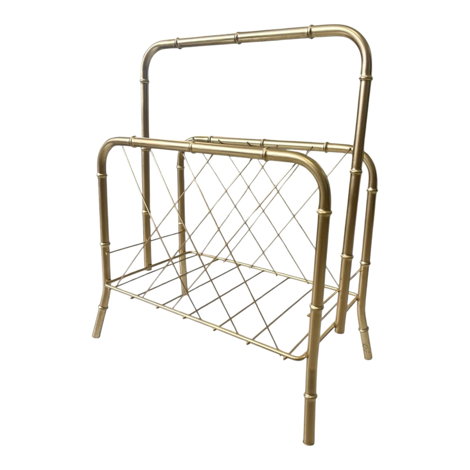 Hollywood Regency MCM Gold Brass & Faux Bamboo Cane Magazine Vinyl Record Rack: 1970s Hollywood Regency Gold Gilt Brass & Faux Bamboo Cane Magazine or Vinyl Record Rack Condition: Alterations: Unknown Imperfections: Some Imperfections Condition Notes: Great condition, painted