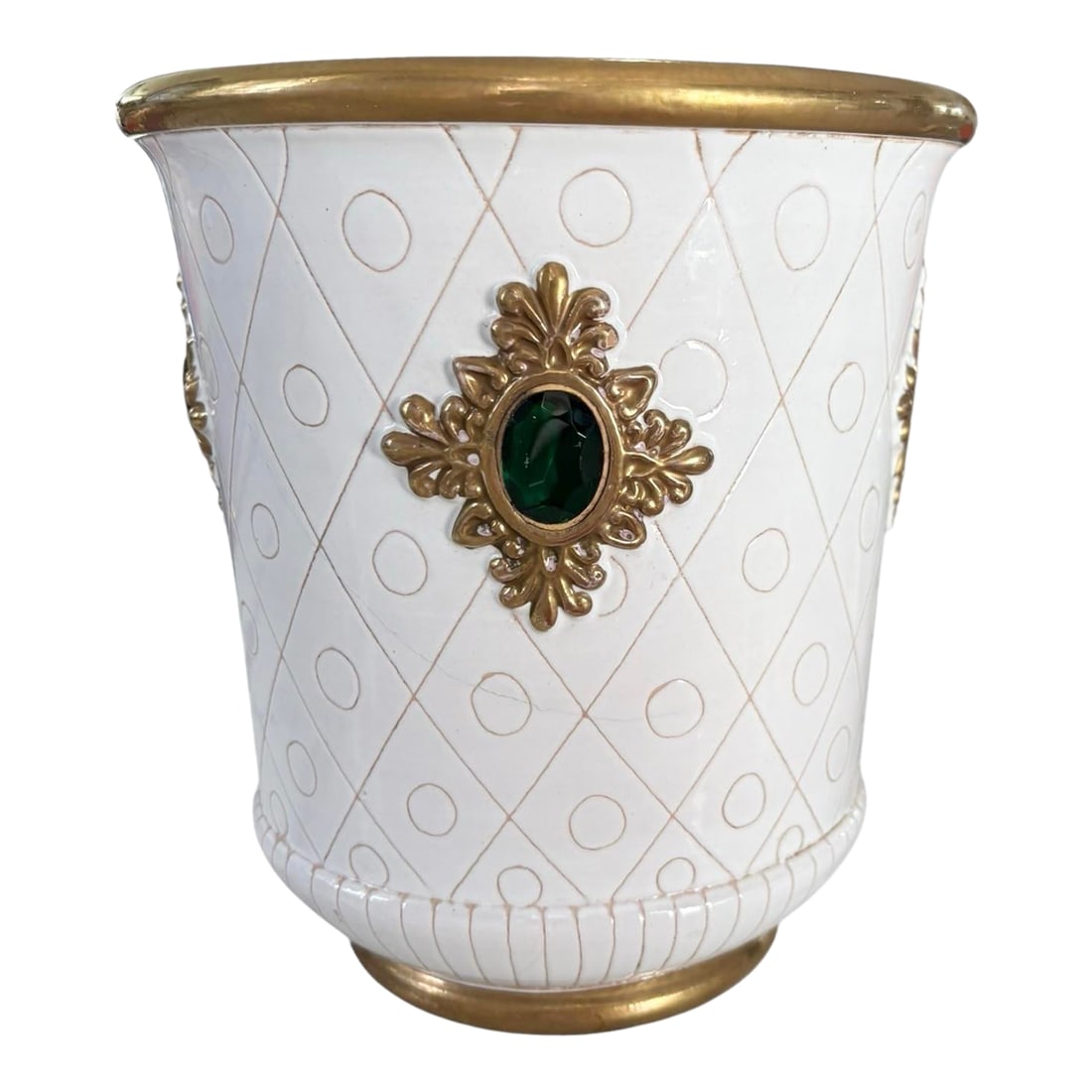 1960s Ugo Zaccagnini White & Gold Jeweled Italian Hollywood Regency Pottery Cachepot: Vintage 1960s Mid Century Hollywood Regency Ugo Zaccagnini Italy Art Pottery White Ceramic & Gold, Green Jeweled Cache Pot or Vase. Measures 8"H x 7.5"W Condition: Alterations: Original Condition