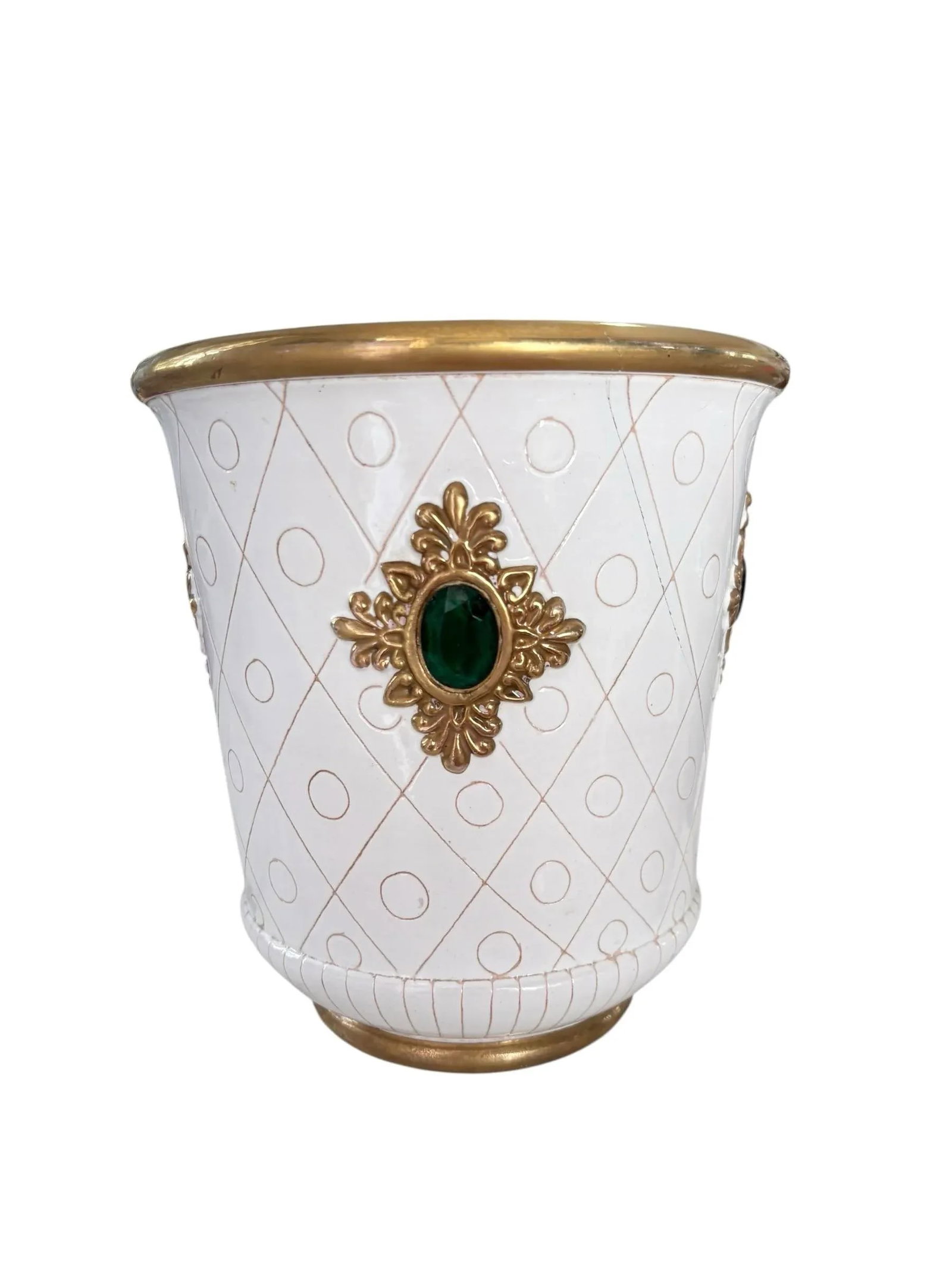 1960s Ugo Zaccagnini White & Gold Jeweled Italian Hollywood Regency Pottery Cachepot - 2