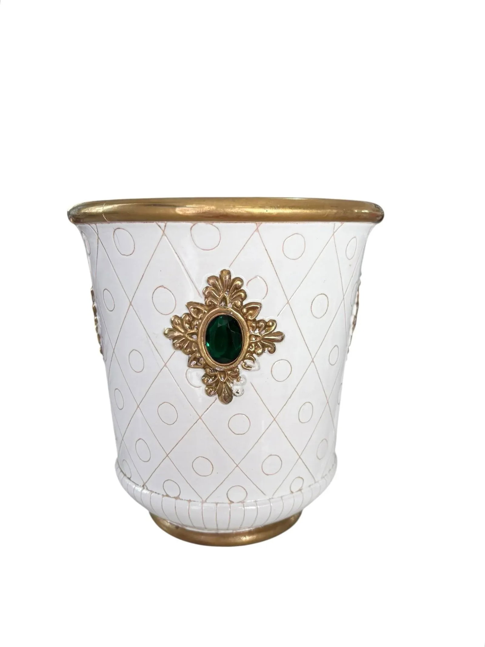 1960s Ugo Zaccagnini White & Gold Jeweled Italian Hollywood Regency Pottery Cachepot - 3