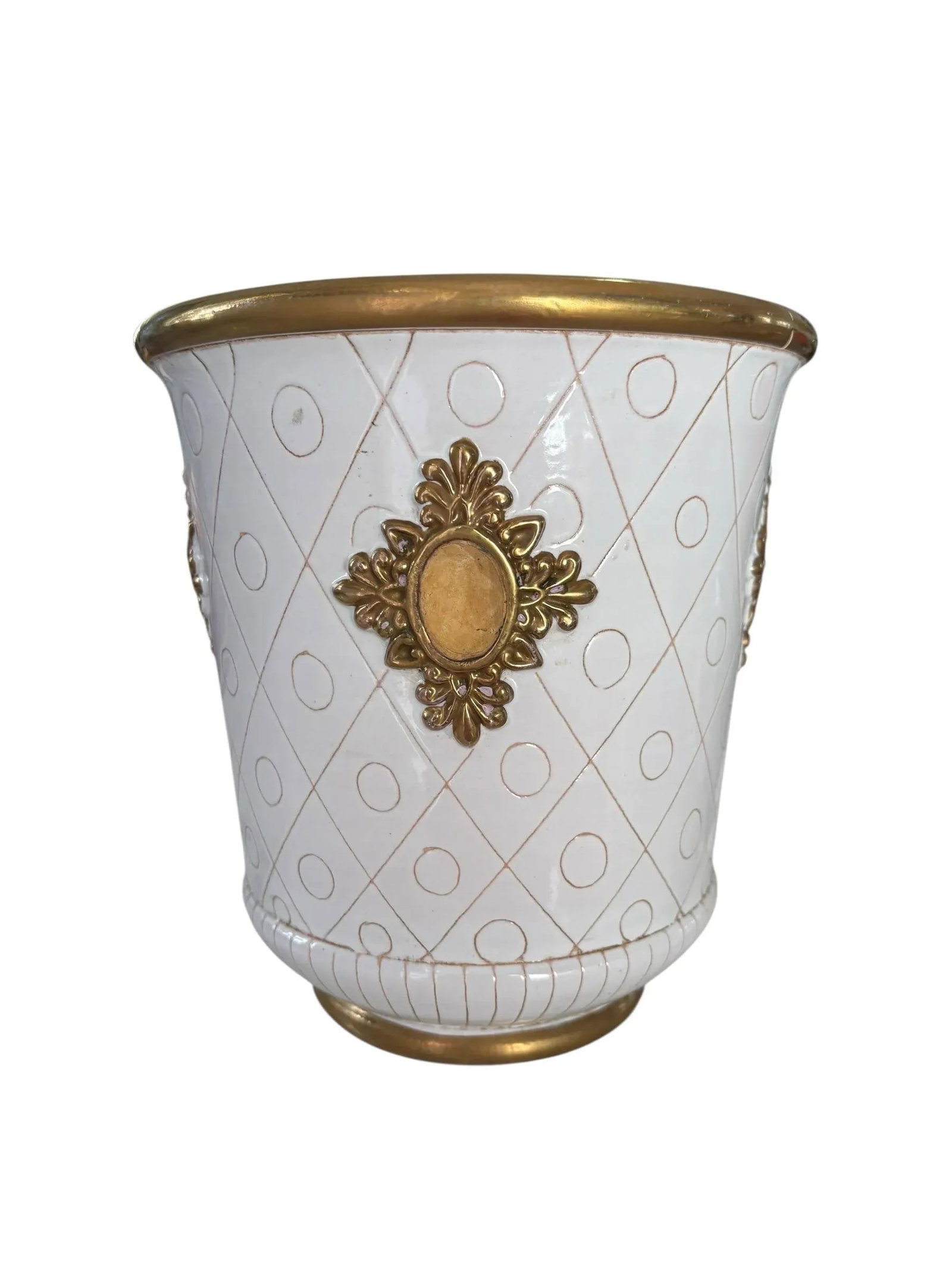 1960s Ugo Zaccagnini White & Gold Jeweled Italian Hollywood Regency Pottery Cachepot - 4