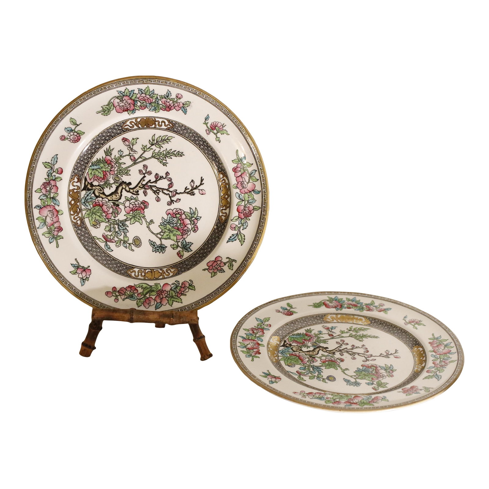 Pair of 19th C. Antique Minton Chinoiserie Ironstone "Indian Tree" Soup Plates: Antique Minton Ironestone soup plates circa 1891 as shown by the bottom mark. Crafted in the famous Staffordshire region of England, known for its fine white clay. This highly coveted "Indian Tree"