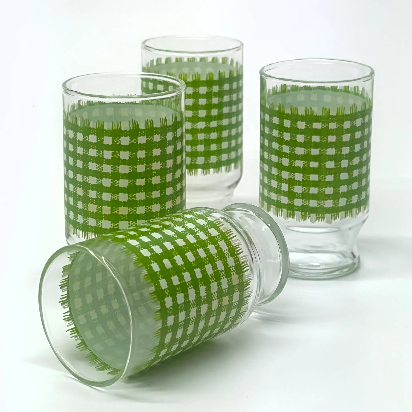 Vintage Juice Glasses With Green Checkered Cloth Motif Attributed to Anchor Hocking - Set of 4 - 4