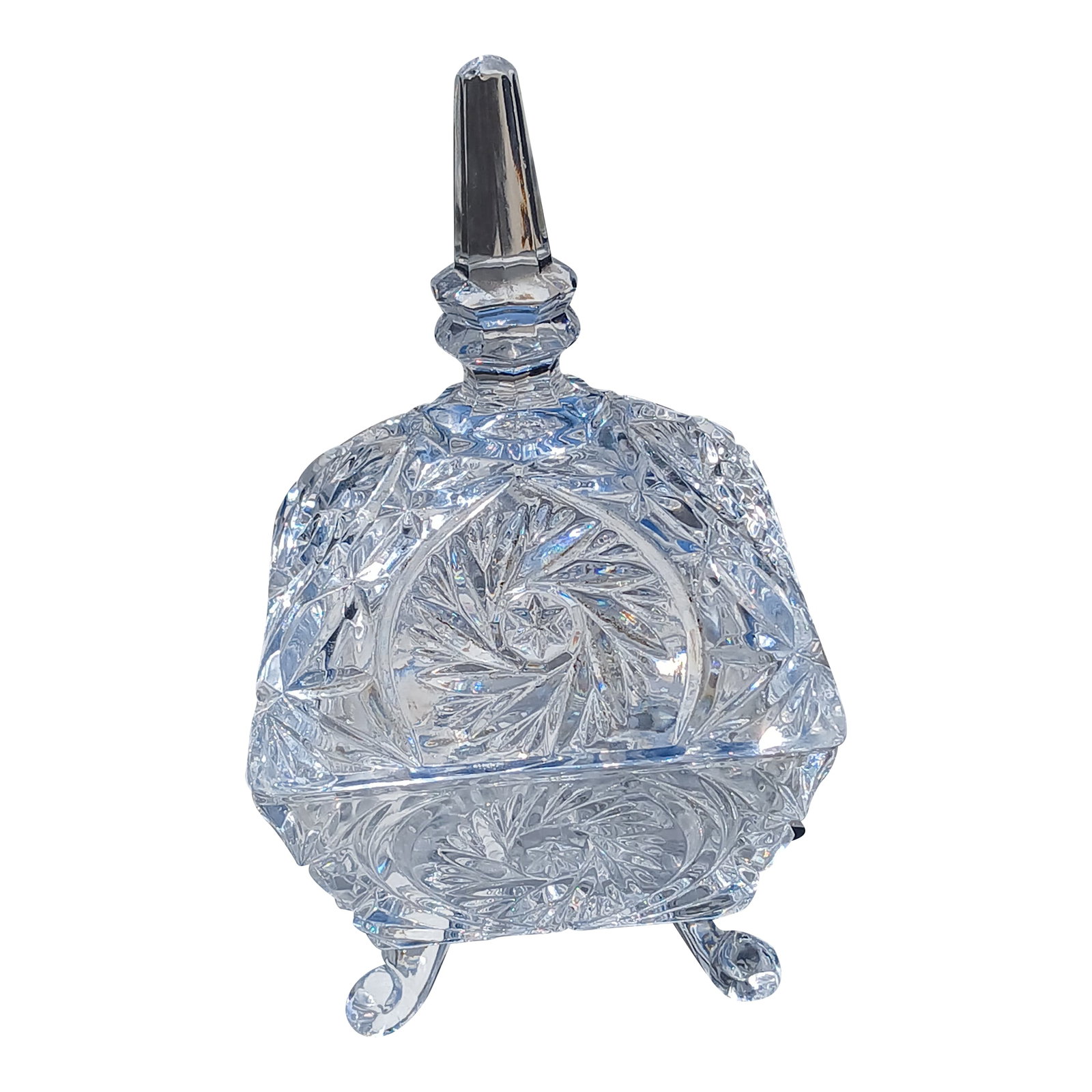 Vintage Bohemian Cut Crystal Pinwheel Whirling Star Lidded Candy Dish: Beautiful Bohemian glass cut Crystal lidded candy dish. Pattern is pinwheel or whirling star and this is a gorgeous example Of mid-century Cut Crystal. Light wear. Minor roughness in a couple of the
