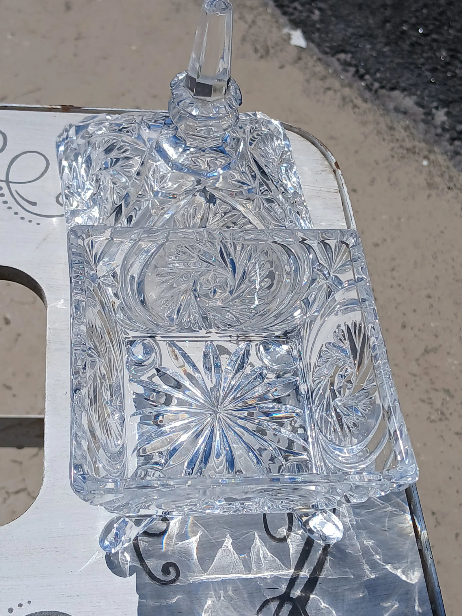 Vintage Bohemian Cut Crystal Pinwheel Whirling Star Lidded Candy Dish - 7
