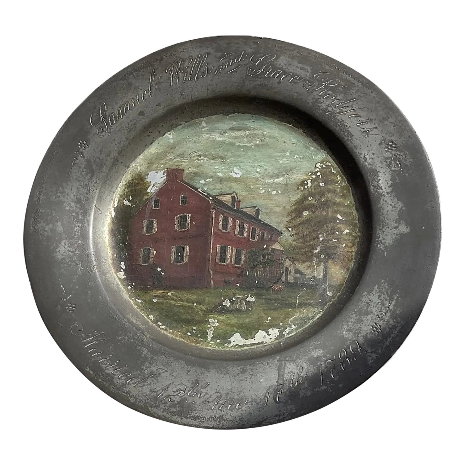 Antique Painted Anniversary Pewter Plate: 18th century painted anniversary pewter plate. Plain rimmed with crowned X and rose markings. Engraved "Samuel Wills and Grace Rodgers, December 17, 1789", painted brick house scene. Condition: