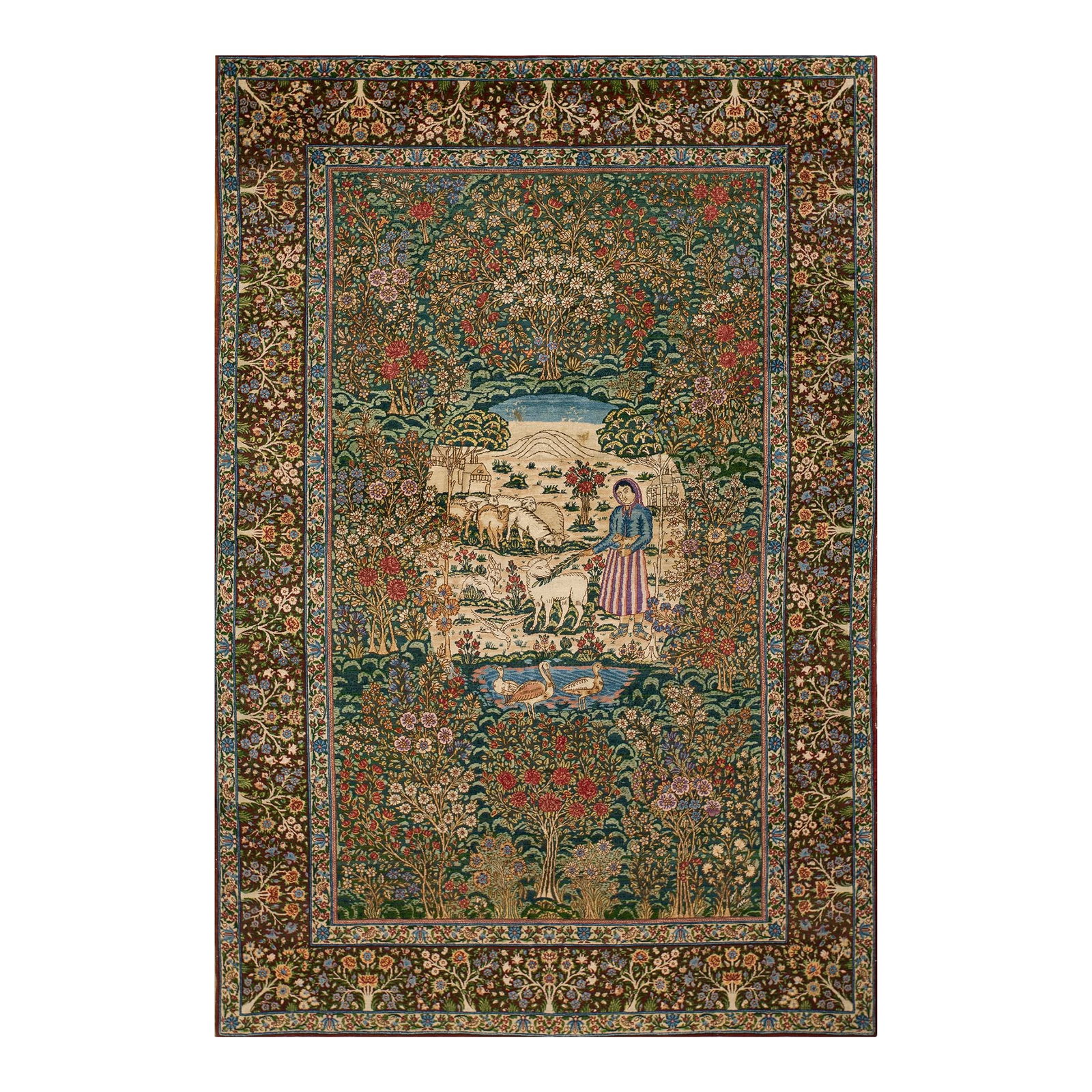 1920s Fine Green Small Pictorial Garden of Paradise Antique Floral Kerman Rug: Early 20th Century Persian Kirman Carpet 4'10" x 7'9" - 147 x 236 ntique Kerman Small Scatter Size Wool Green Rug, Country of Origin: Iran / Persia, Circa Date: 1920s. This piece exemplifies the