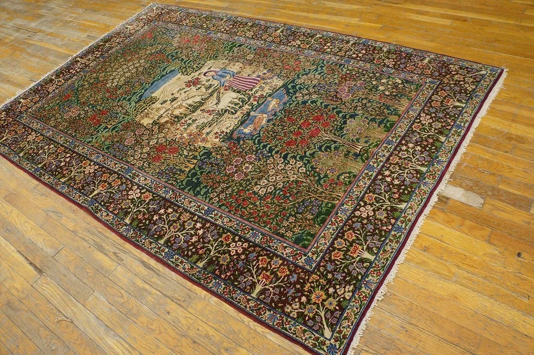 1920s Fine Green Small Pictorial Garden of Paradise Antique Floral Kerman Rug - 2