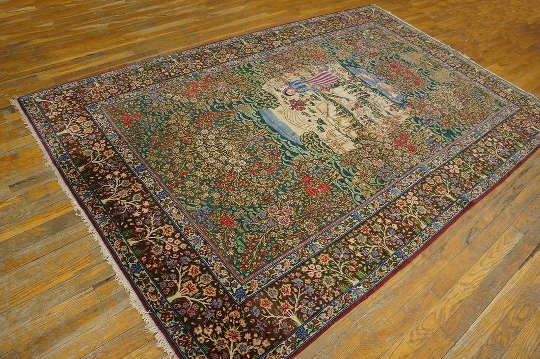 1920s Fine Green Small Pictorial Garden of Paradise Antique Floral Kerman Rug - 3