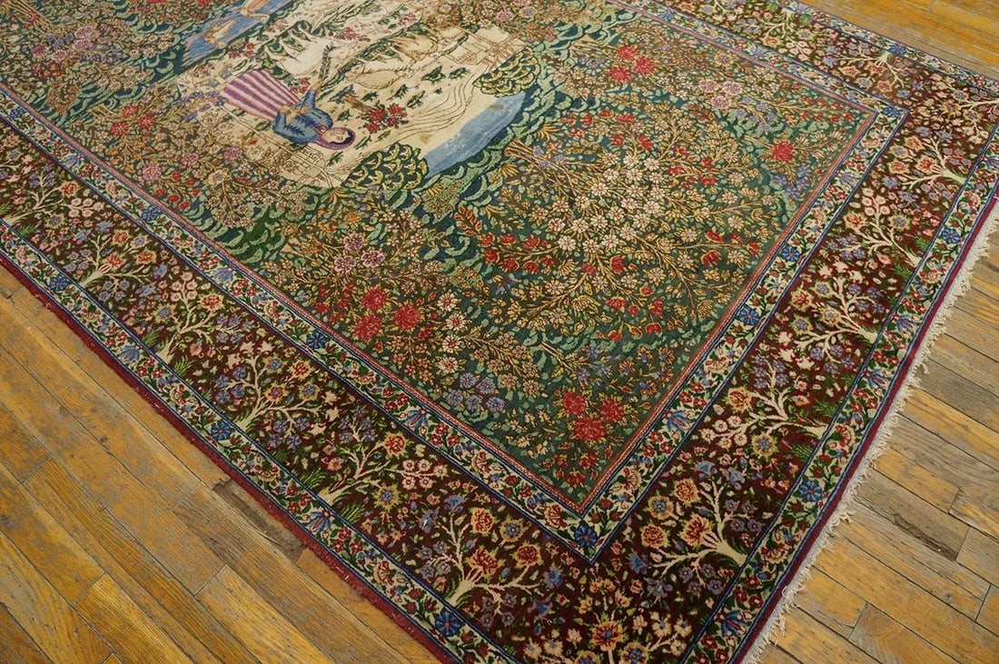1920s Fine Green Small Pictorial Garden of Paradise Antique Floral Kerman Rug - 4