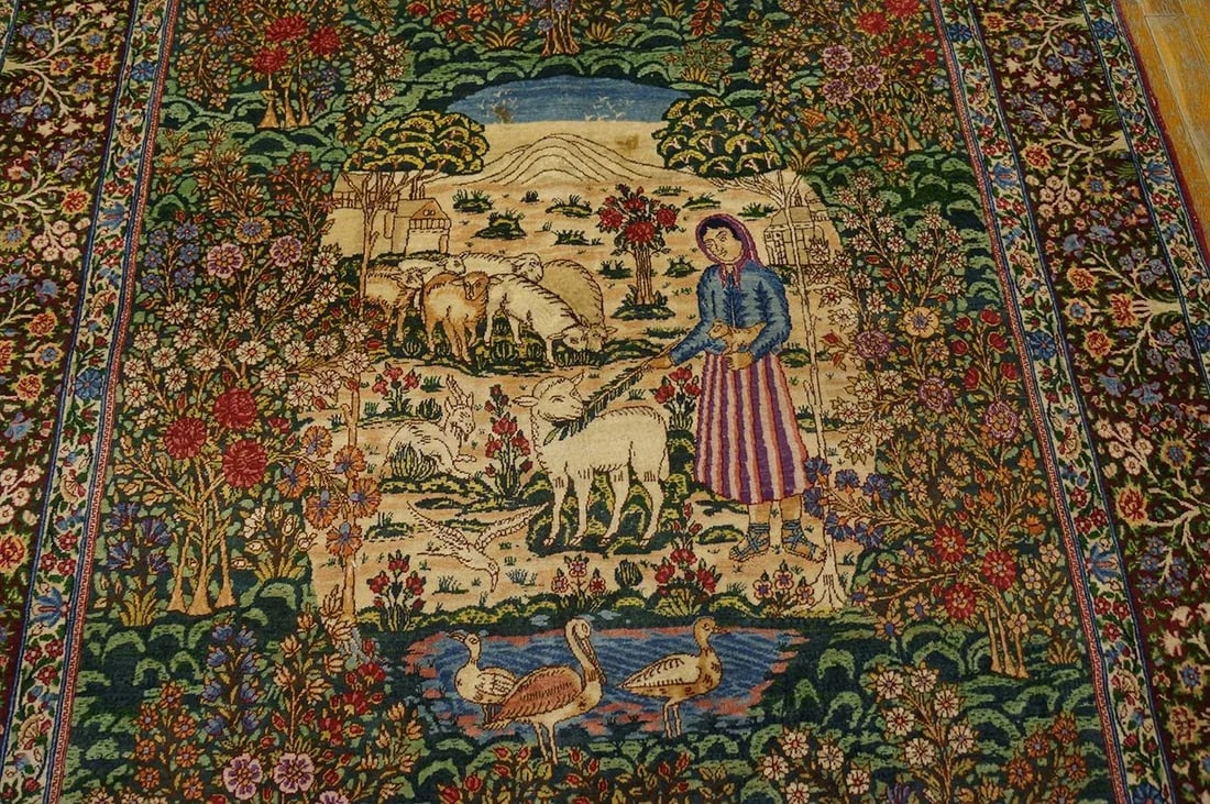 1920s Fine Green Small Pictorial Garden of Paradise Antique Floral Kerman Rug - 5