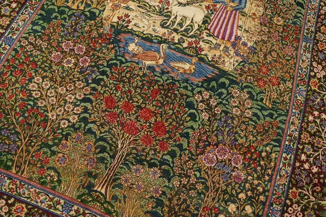 1920s Fine Green Small Pictorial Garden of Paradise Antique Floral Kerman Rug - 6