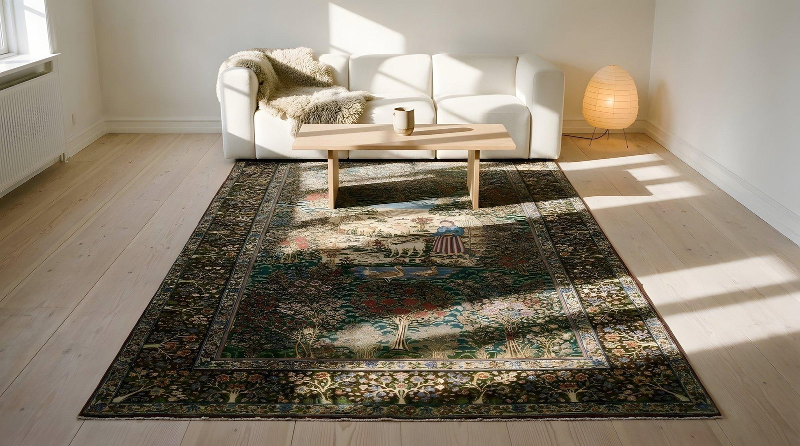 1920s Fine Green Small Pictorial Garden of Paradise Antique Floral Kerman Rug - 7