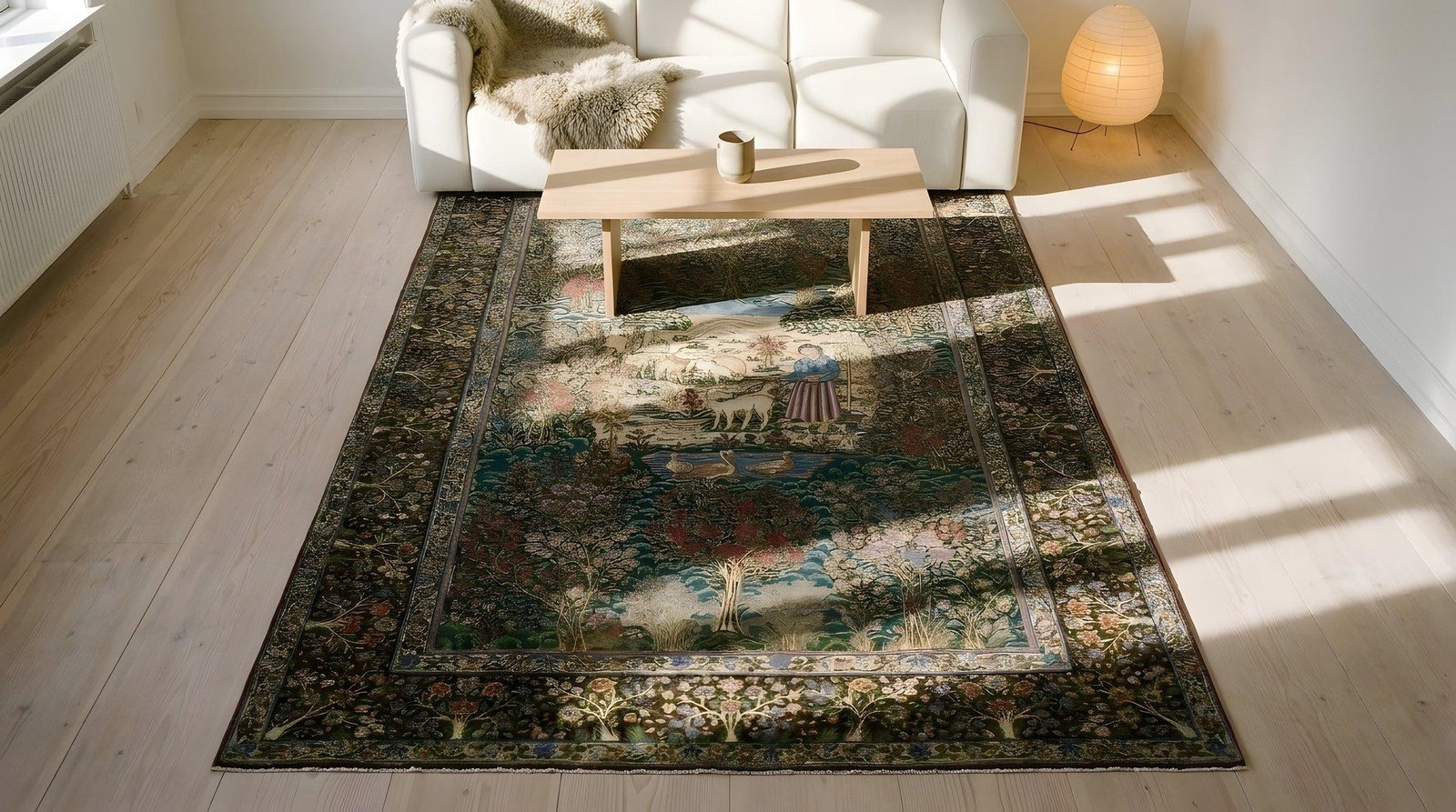 1920s Fine Green Small Pictorial Garden of Paradise Antique Floral Kerman Rug - 8