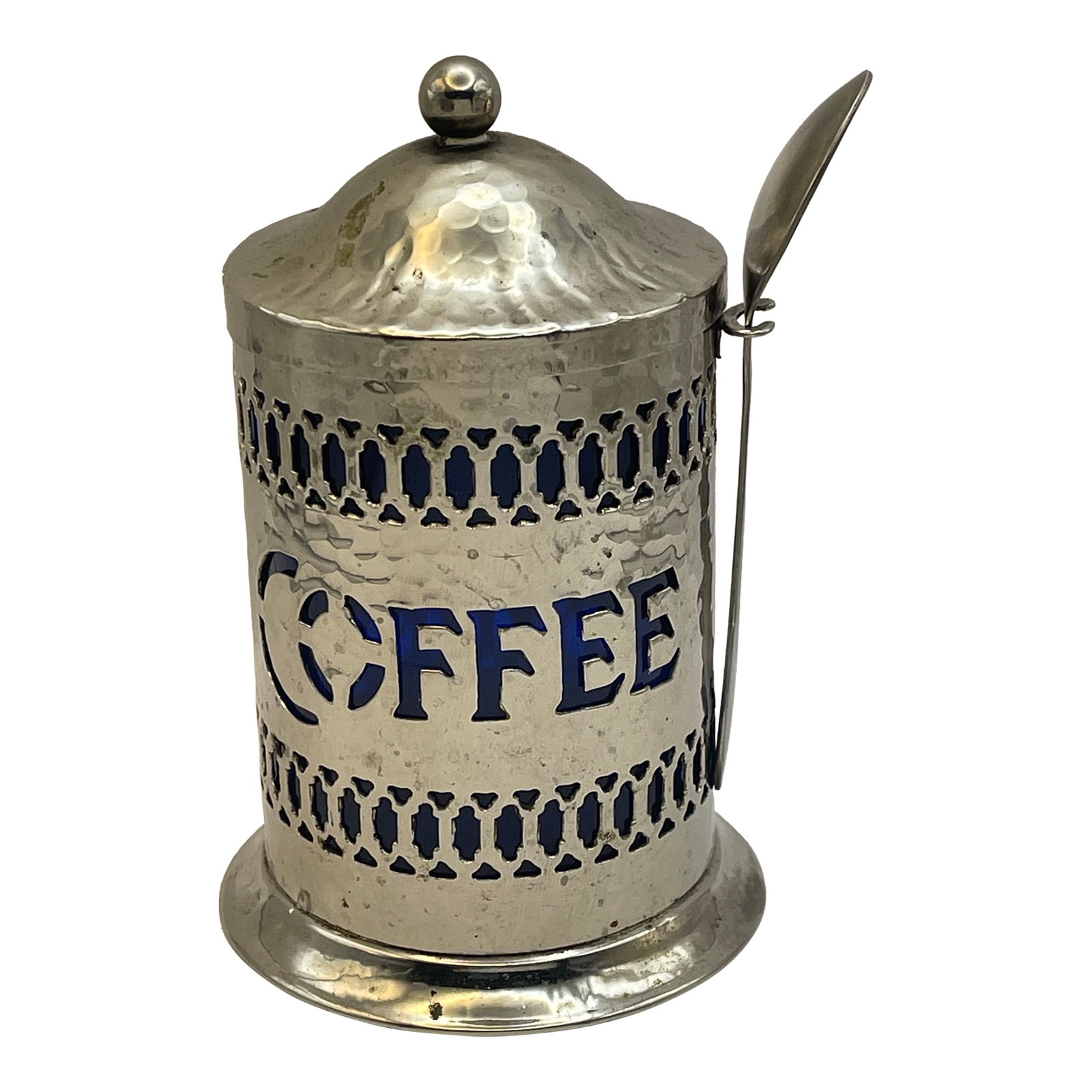 Mid 20th Century Hammer Finished Silverplate Coffee Canister: A lidded silverplate pierced coffee canister with spoon & blue translucent plastic liner. -Set includes spoon and 1 canister. Ships within 1-2 days using USPS. All items packed with care. Please conta