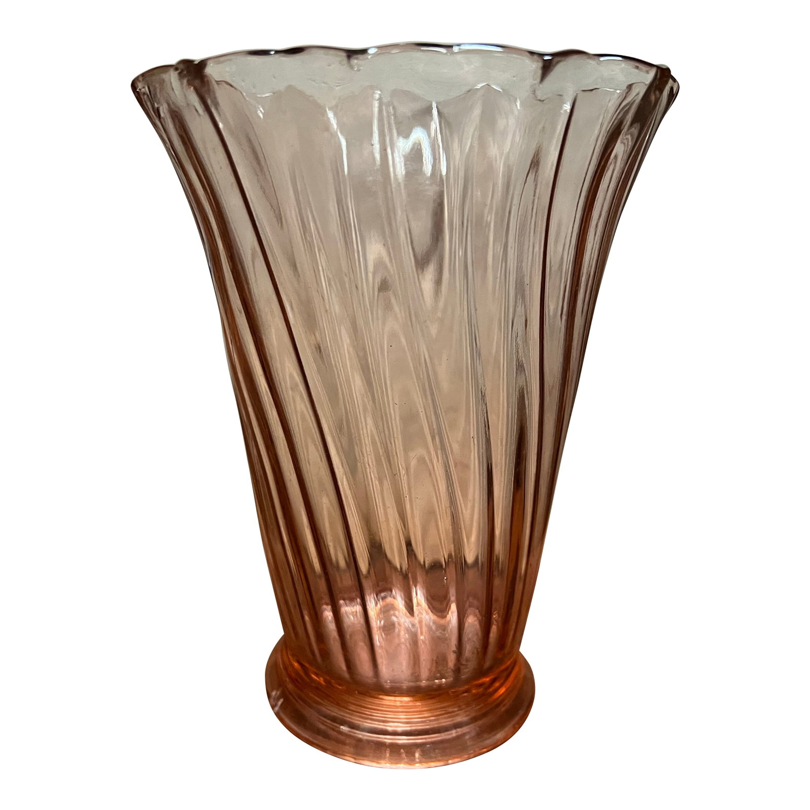 1930s Pink Pedal Swirl Depression Glass Vase by Jeannette: This vase measures 6.5 inches tall . It was made by Jeannette Glass Company between 1937 and 1938. Pink is not too common of color in the Petal Swirl pattern, and you're more likely to find it in ultr