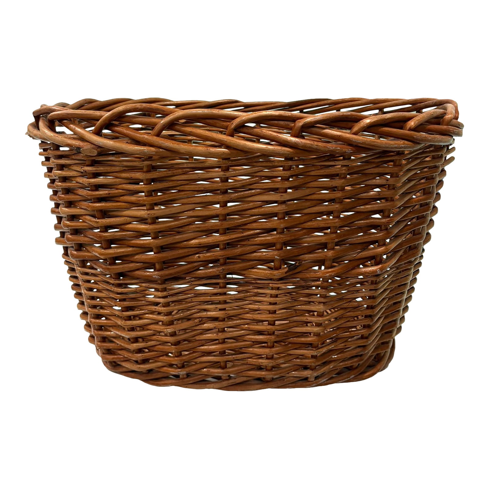 Large Vintage Natural Handwoven Thick Reed Basket With Side Handles: Large Vintage Natural Handwoven Thick Reed Basket With Side Handles This large vintage handwoven basket features thick reed construction with an oval form and open side handles. Its natural honey