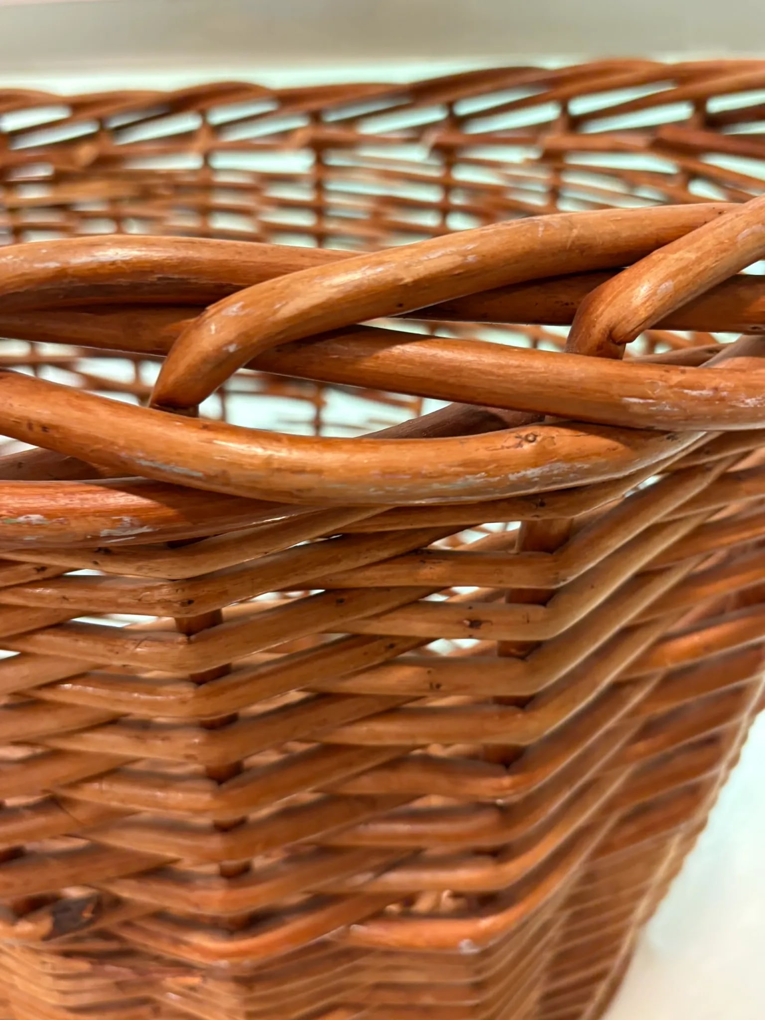 Large Vintage Natural Handwoven Thick Reed Basket With Side Handles - 2