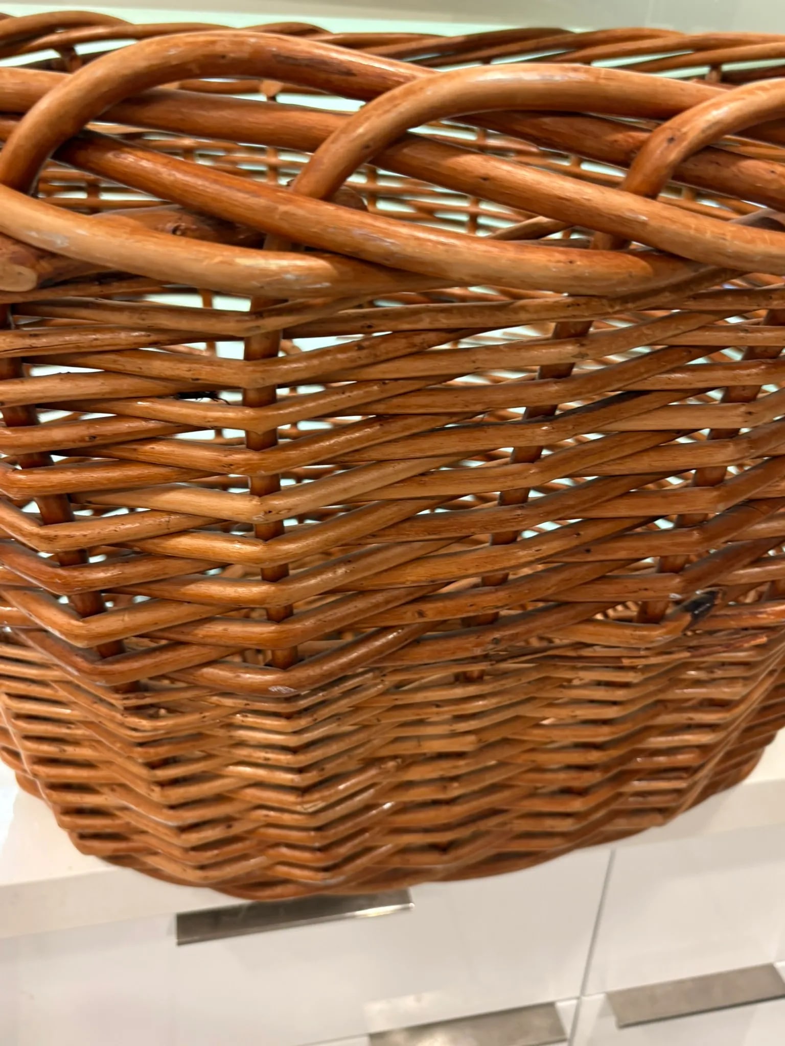 Large Vintage Natural Handwoven Thick Reed Basket With Side Handles - 3