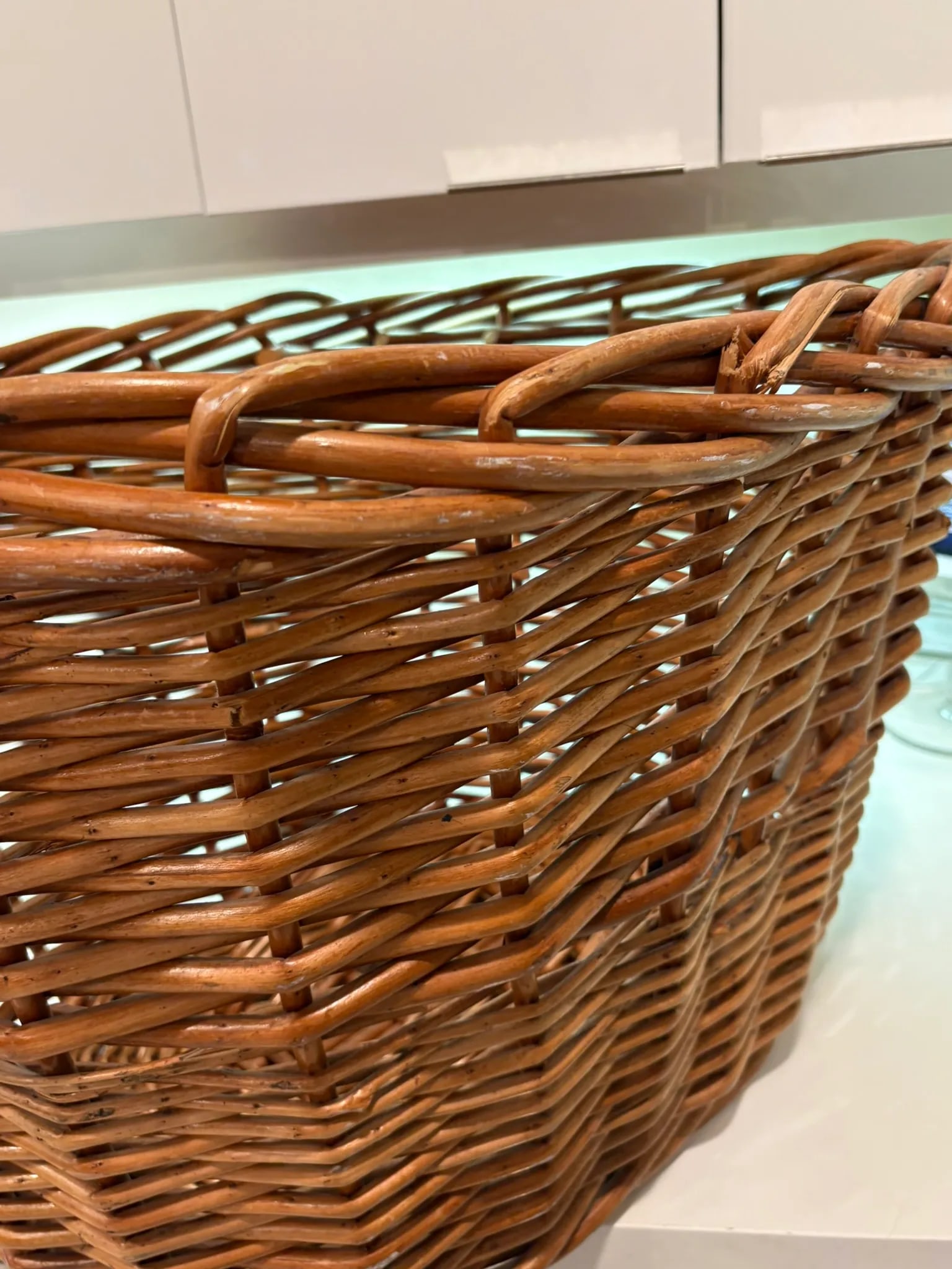 Large Vintage Natural Handwoven Thick Reed Basket With Side Handles - 6
