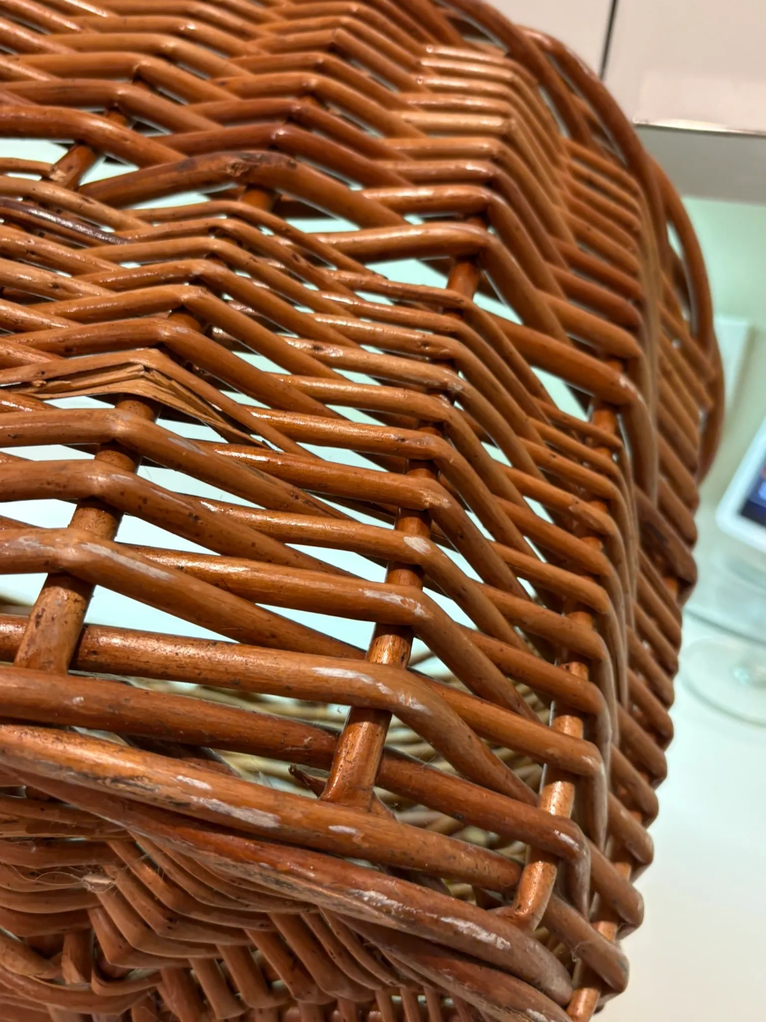 Large Vintage Natural Handwoven Thick Reed Basket With Side Handles - 8
