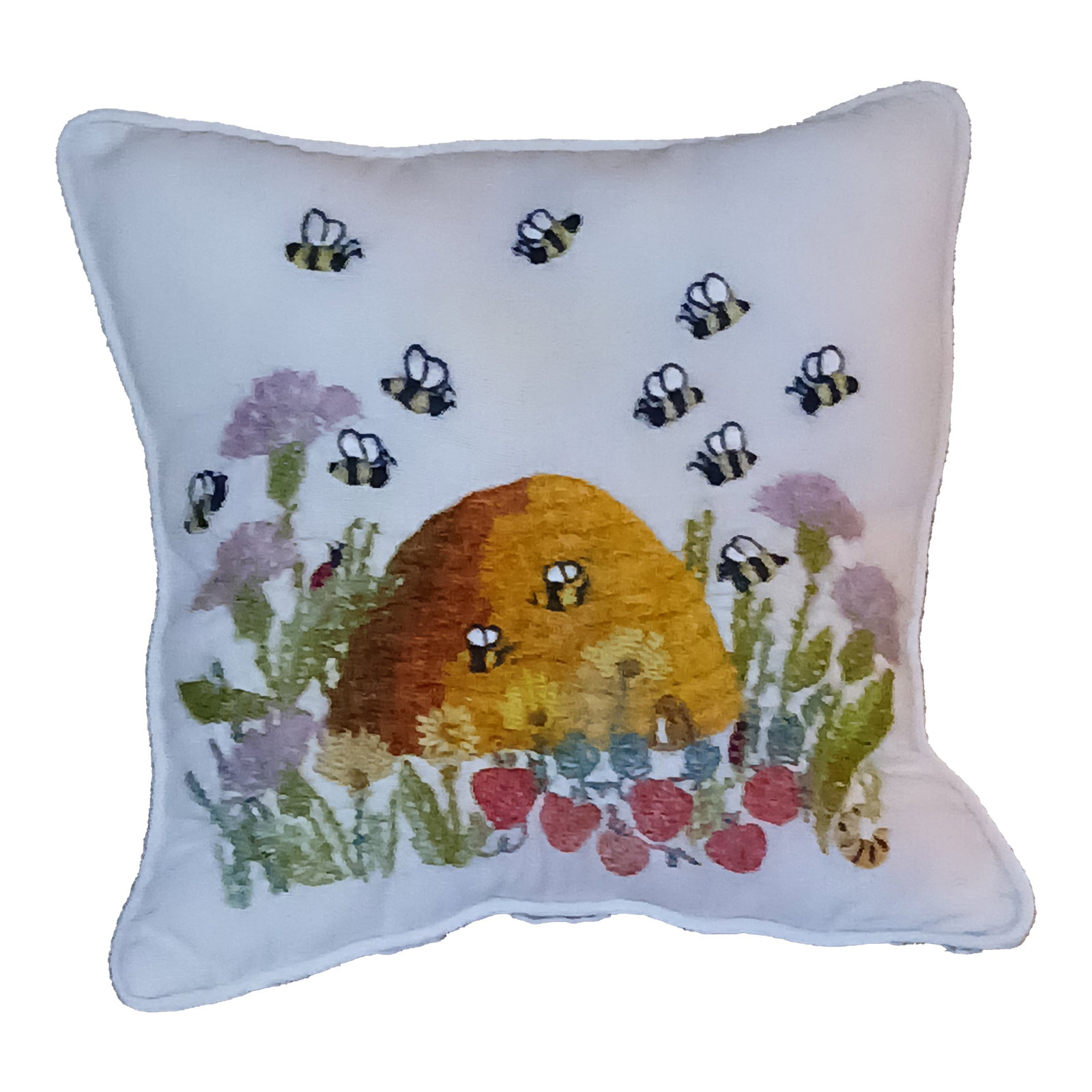 Vintage Crewel Embroidery Pillow Honey Bees Beehive Fruit and Flowers: Vintage 1950s zip bottom crewel embroidery honey bee and beehive pillow. Very textured and 3D. Bright and beautiful. Embroidery is wool, and pillow base is cotton. Zipper works great, please see all