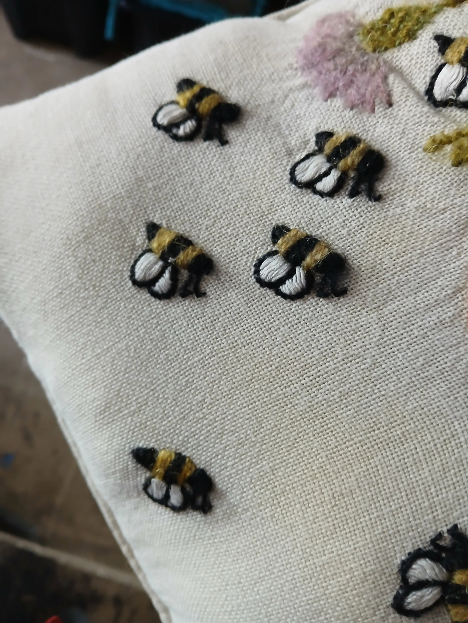 Vintage Crewel Embroidery Pillow Honey Bees Beehive Fruit and Flowers - 3