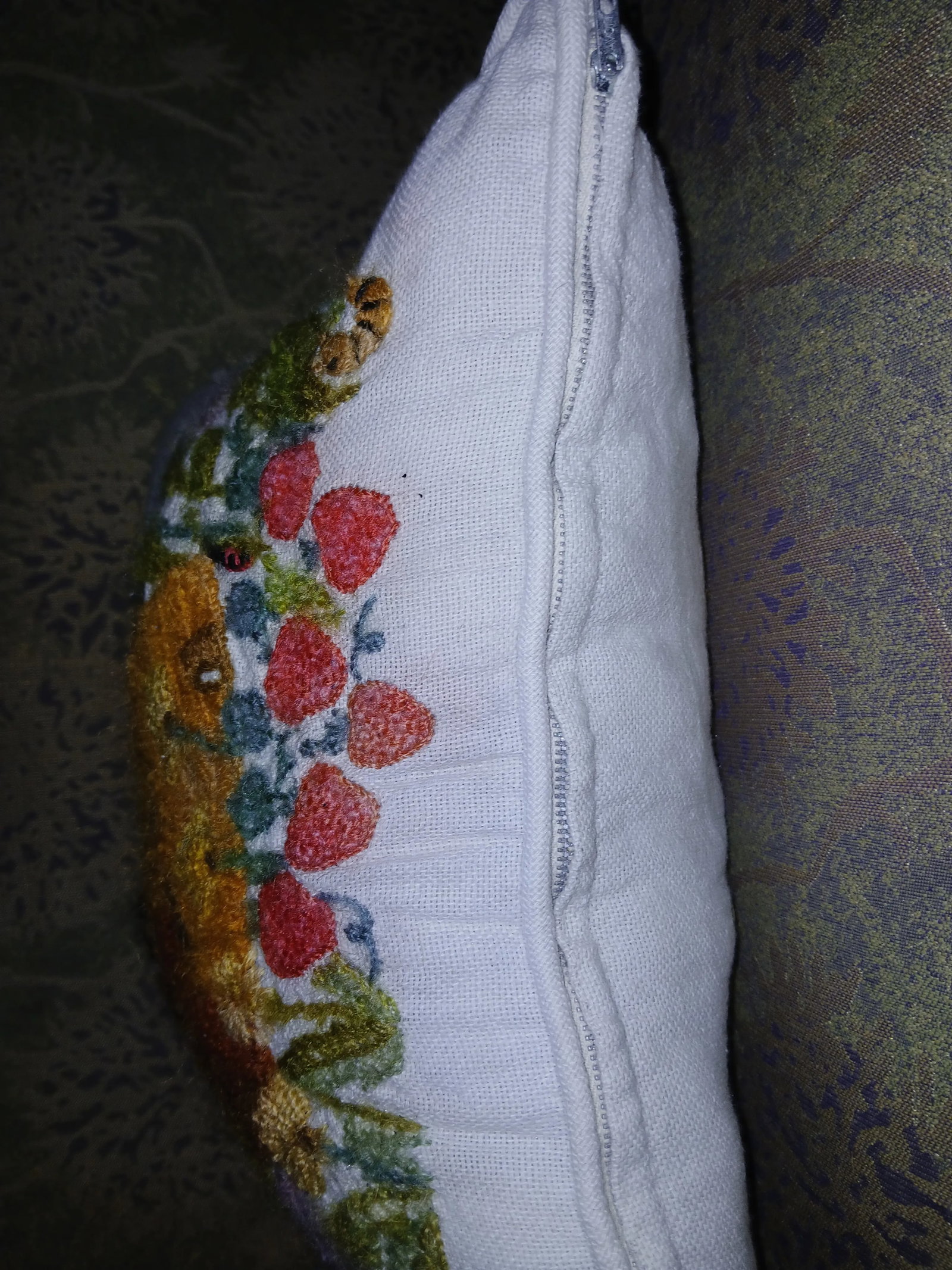 Vintage Crewel Embroidery Pillow Honey Bees Beehive Fruit and Flowers - 6
