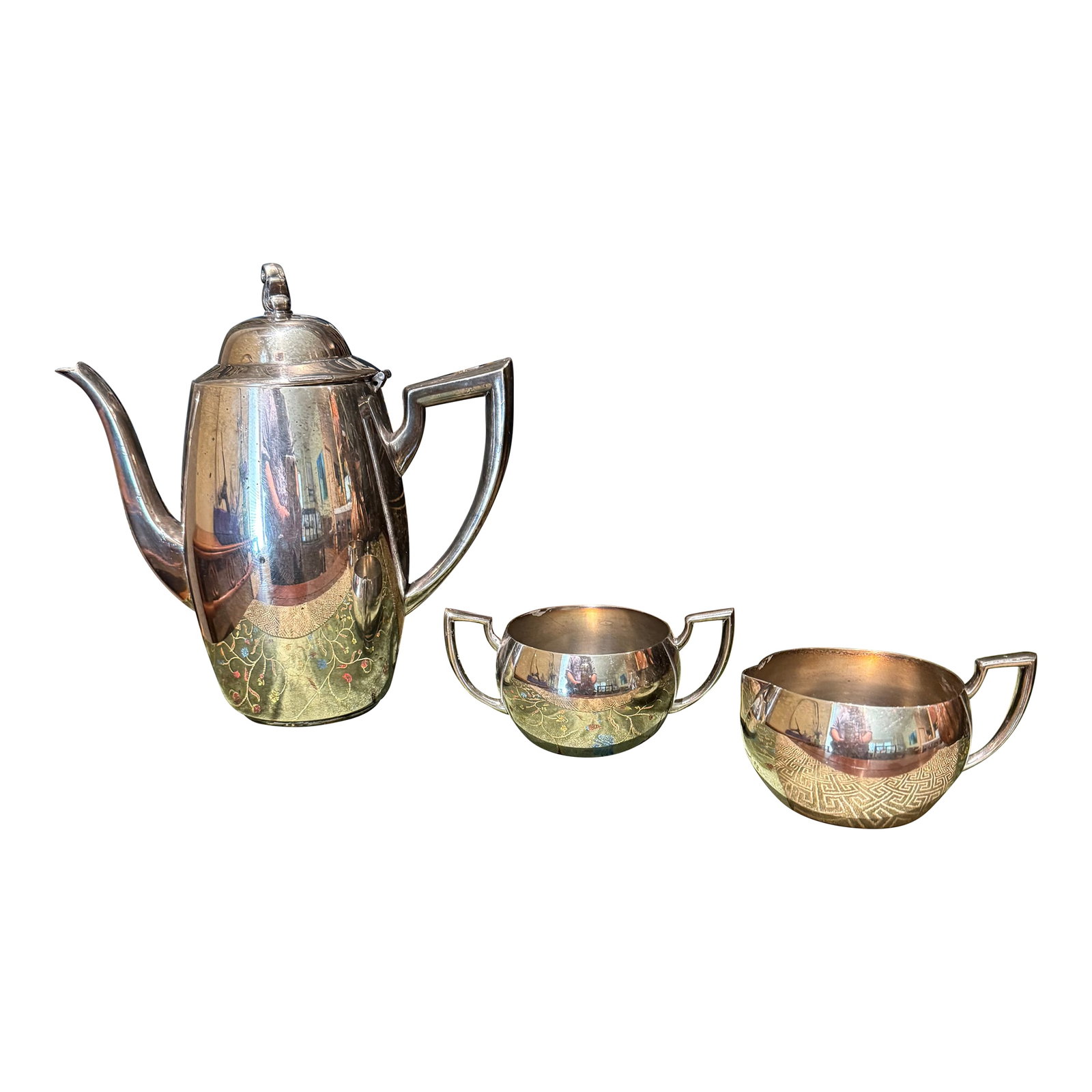 1940s Oneida Silversmiths Silver Plated 3-Piece Tea Set Pitcher, Creamer & Sugar Bowl Set: Classy Oneida Art Deco silver-plated tea set including pitcher with lid, sugar and creamer. Nice deco detailing on handles. Shiny and bright for your next tea party. Condition: Alterations: Original