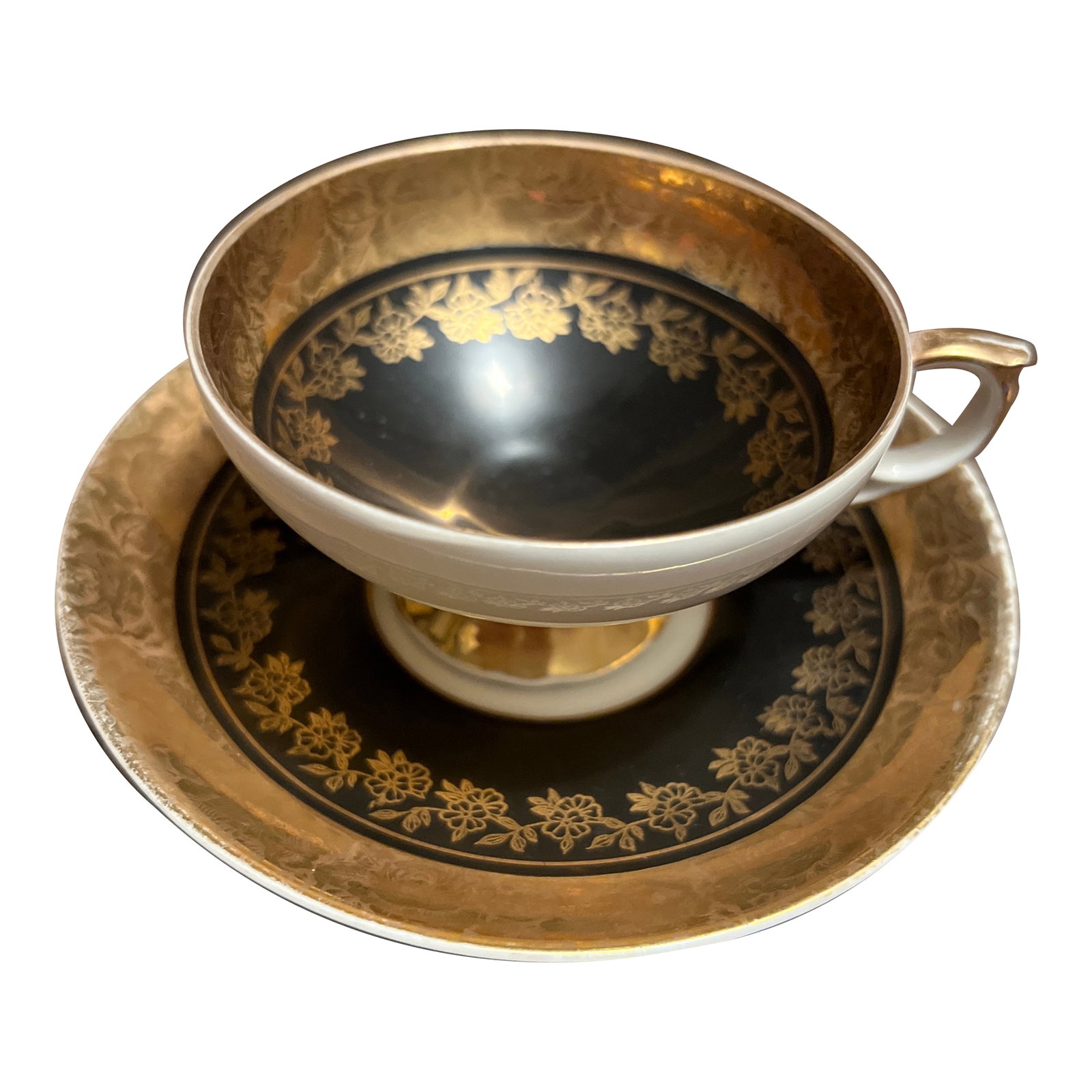 Vintage Bavarian Demitasse Espresso Cup & Saucer, Turkish Coffee Cup: Fine Bone China Demitasse Cup & Saucer - features a gold band on both the saucer and cup and the handle trimmed in gold against a black interior - backstamped Bavaria with a green crown and Johann Sel