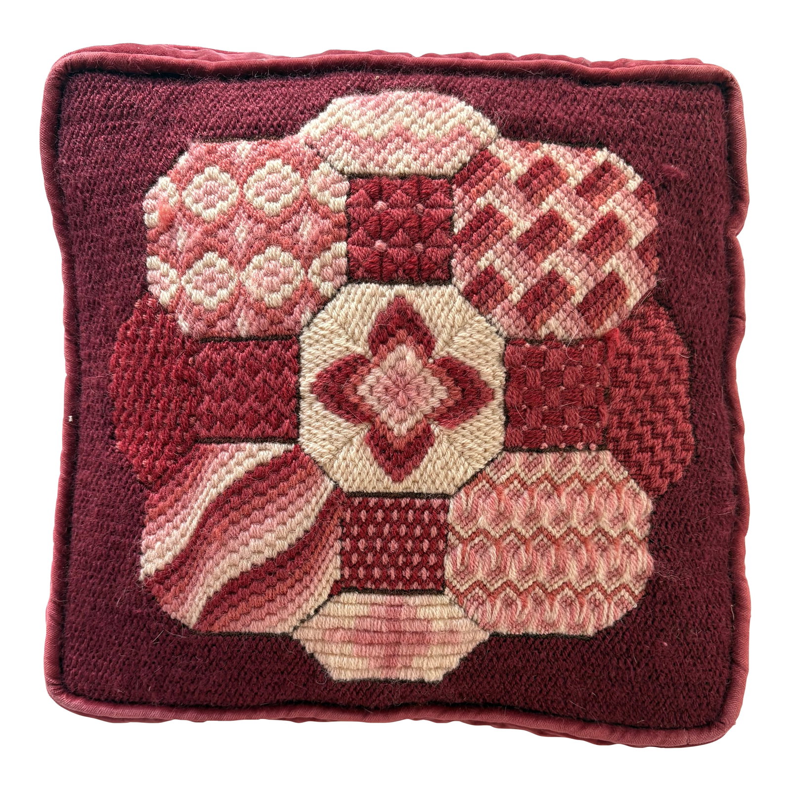 1970's Rose Velvet Bargello Needlepoint Square Pillow: Timeless boho chic! 1970's Bargello square sampler pillow in shades of rose, pink, and antique white. This mid-twentieth century throw pillow is covered in rose velvet on the sides and back with a