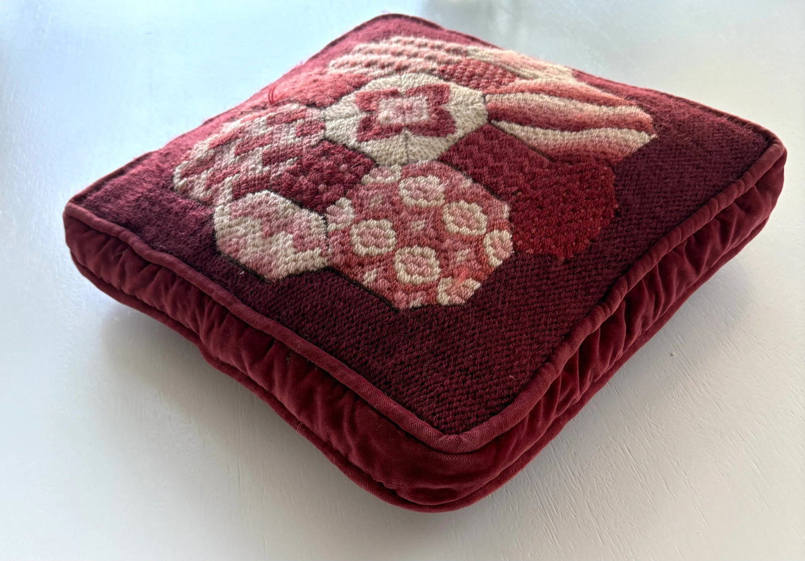 1970's Rose Velvet Bargello Needlepoint Square Pillow - 2