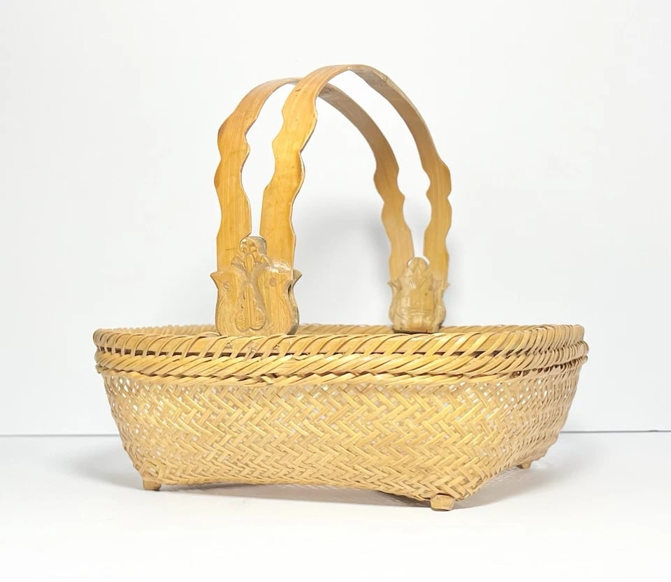Vintage American Handmade Woven Rattan Wicker Gathering Handled Basket - 2