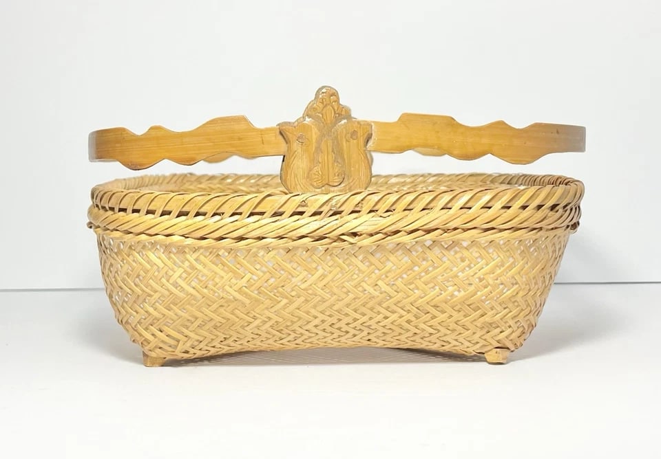 Vintage American Handmade Woven Rattan Wicker Gathering Handled Basket - 3