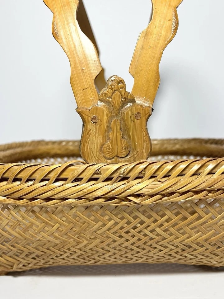 Vintage American Handmade Woven Rattan Wicker Gathering Handled Basket - 4