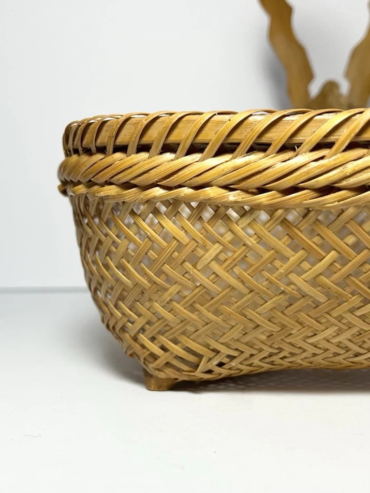 Vintage American Handmade Woven Rattan Wicker Gathering Handled Basket - 5