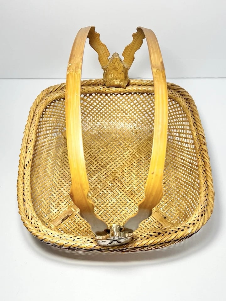 Vintage American Handmade Woven Rattan Wicker Gathering Handled Basket - 6