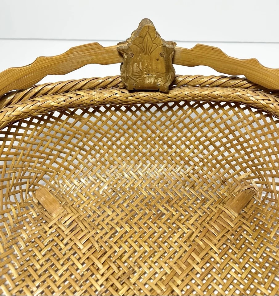 Vintage American Handmade Woven Rattan Wicker Gathering Handled Basket - 7